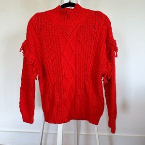 Red Cable Knit Sweater with Fringe